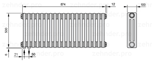 Схема (чертеж) Радиатор Zehnder Charleston 3050/19 №3370 Белый глянцевый RAL 9016